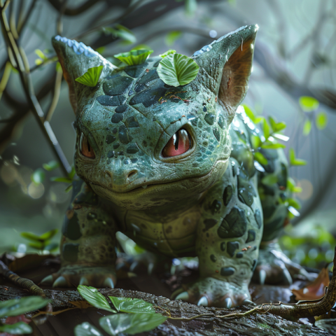 Cat Pokemon cute Bulbasaur in nature with cat ears