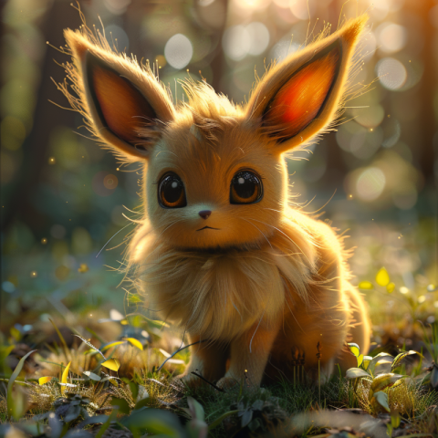 Cute furry Cat Pokemon Eevee sitting in nature