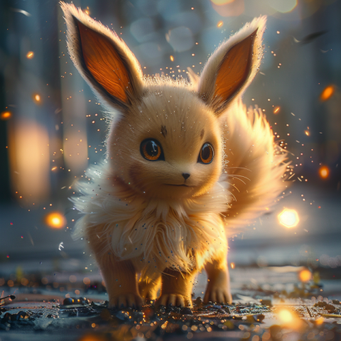 Cheerful furry Cat Pokemon Eevee sitting in nature