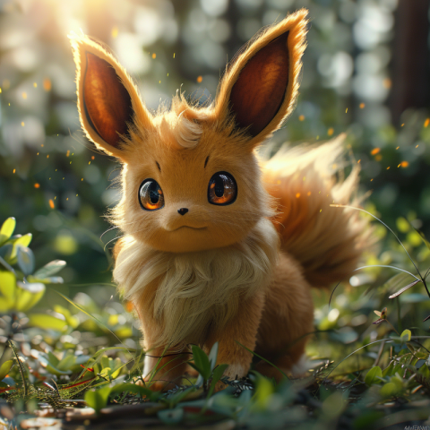 Cheerful furry Pokemon Eevee with ears sitting