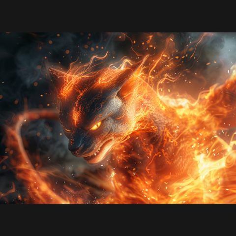Pokemon Charizard as a cat, with a dramatic look