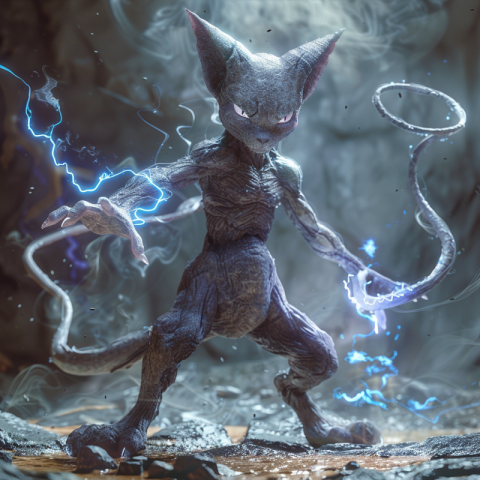 A very old Cat Pokemon Mewtwo with electric pulses