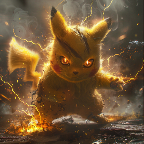 Angry cat Pokemon Pikachu with lightning