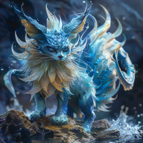 Cat water Pokemon Vaporeon in water, dramatic scene