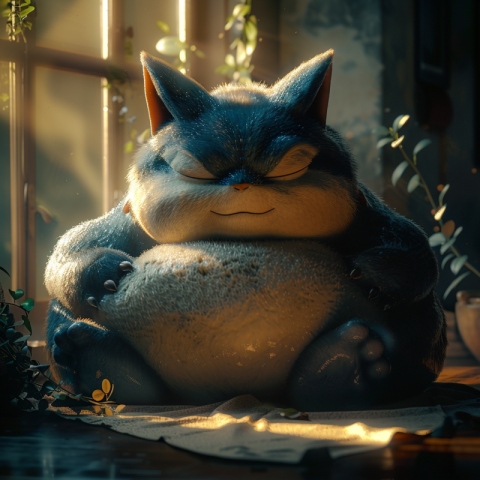 Sleeping Snorlax Cat Pokémon with a large body and a cat head
