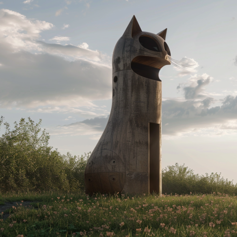 Big concrete cat lookout tower in the shape of a cat