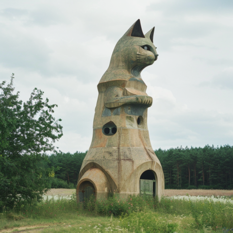 Concrete cat lookout tower in the shape of a sitting cat