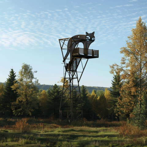 Cat lookout tower made of steel in the forest