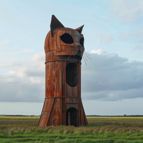 A small steel cat lookout tower on the lawn