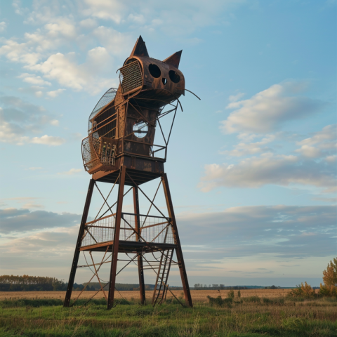 A small steel cat lookout tower in the meadow as a work of art