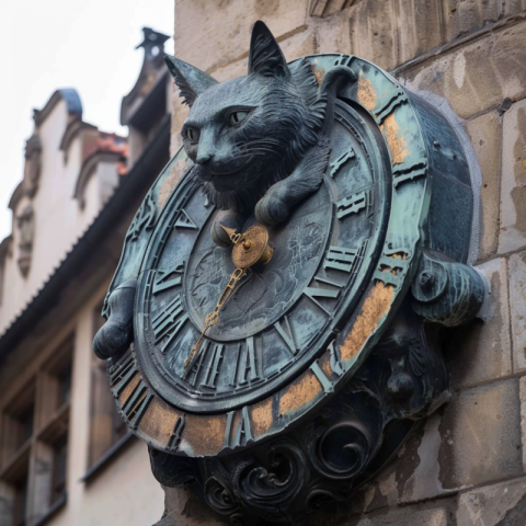 A clock on a historic tower with a cat