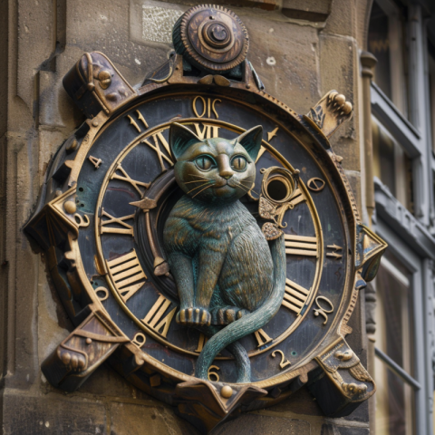Majestic historic cat clock on the tower