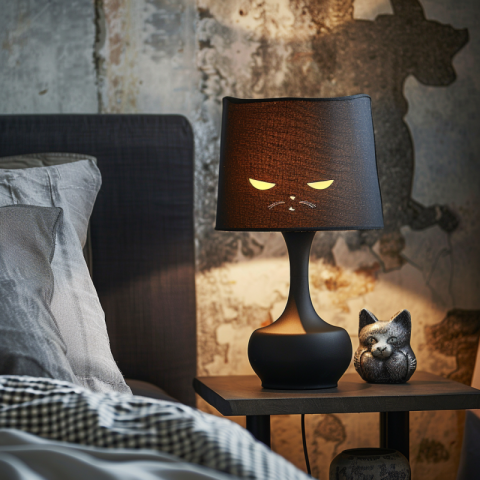 Bedside lamp with a glowing cat head