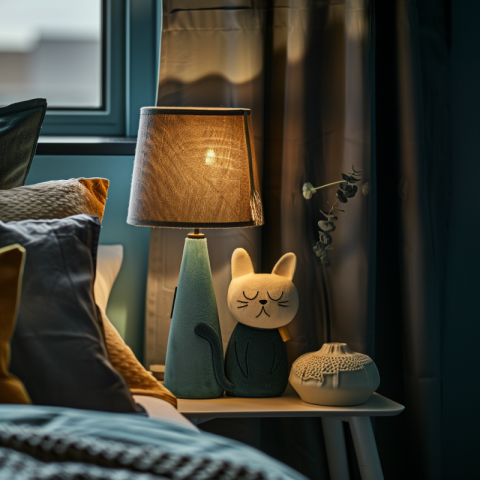 A small bedside lamp with a cat