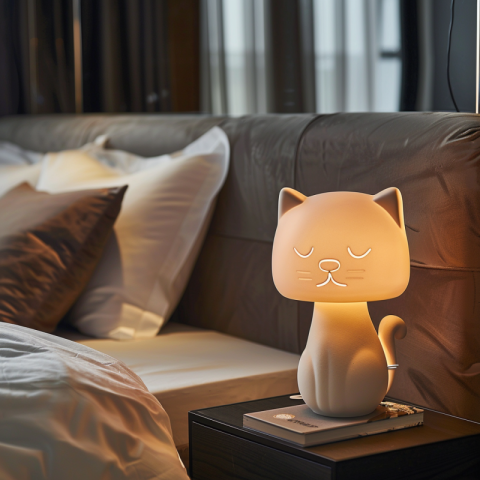 A lamp with a glowing cat head for the bedside table