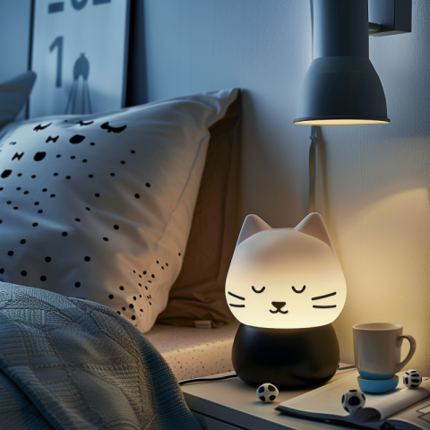 Lamp with a glowing cat head for the bedside table, black and white lamp