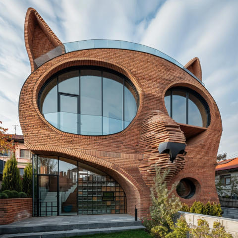 Futuristic family house with a design like a cat's head and ears