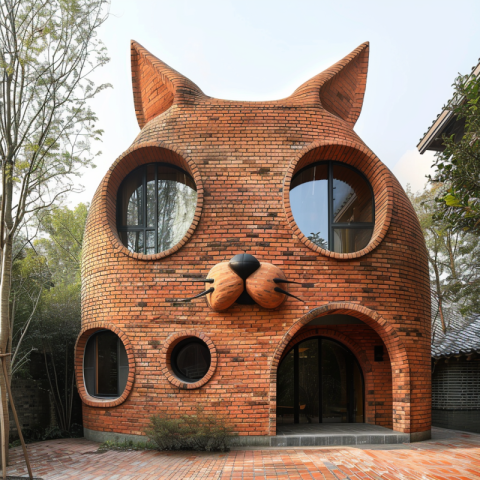 Amazing circular family house with cat design, house in the shape of a cat's head