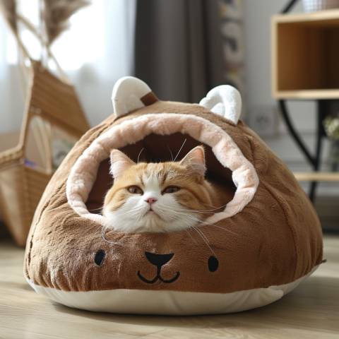 Cat plush bed in the shape of a cat's head