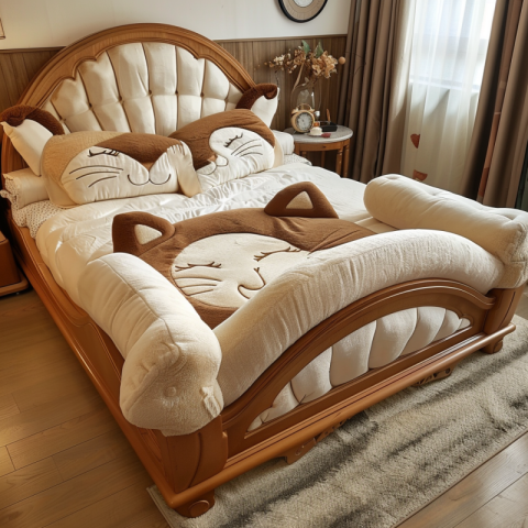 Cat pillow and duvets in the bed