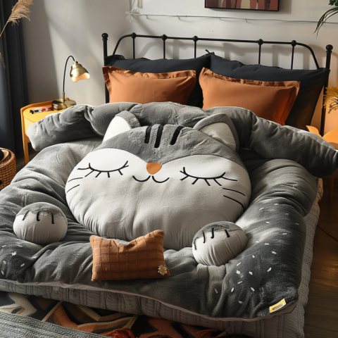 Big cat pillow and duvets in the bed