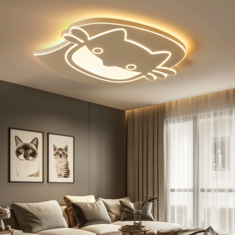 Cat lighting on the ceiling, glowing pictogram of a cat