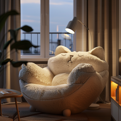 Cute furry armchair in the shape of a cat for the living room