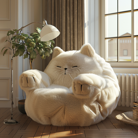 Beautiful furry armchair in the shape of a cat for the living room